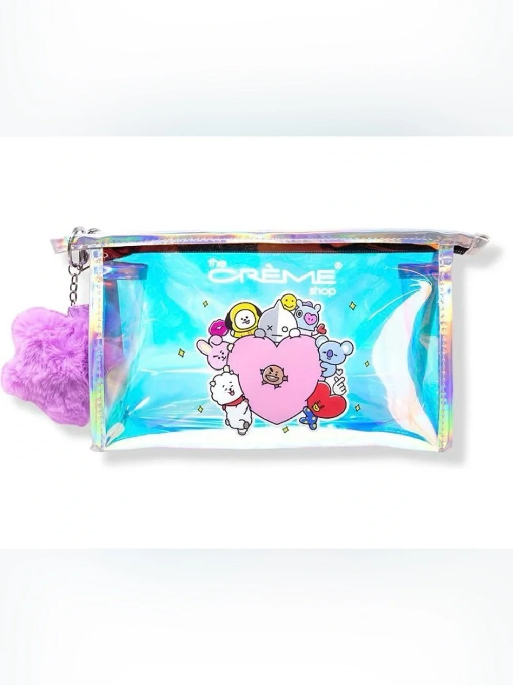 Crème Shop holographic BT21 pouch with purple fuzzy star charm NWT